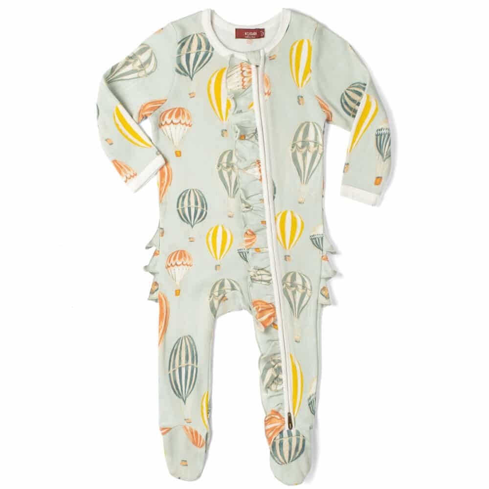 Milkbarn Kids Organic Ruffle Zipper Footed Romper Pj’s Hot Air Balloons